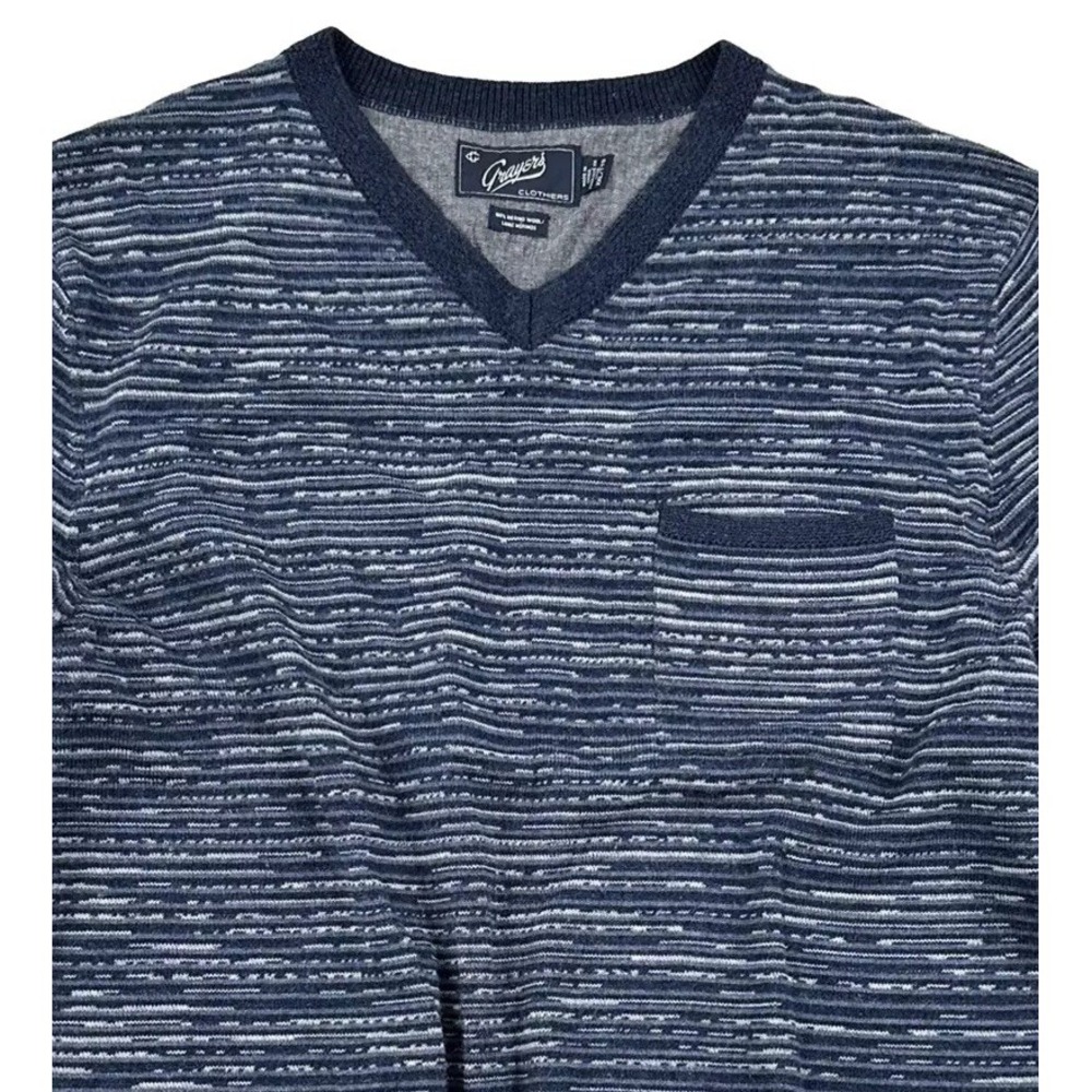 Grayers Mens Merino Wool Sweater XXL V-neck Blue Indigo Pocket‎ 2XL 3D Stripes